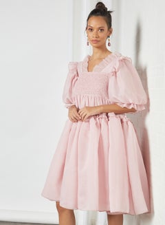 Buy Puff Sleeve Smocked Dress Pink in UAE