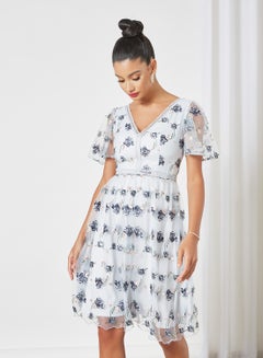 Buy Embroidered Floral Lace Detail Dress Blue/White in UAE