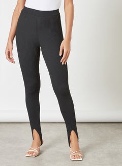 Buy Stirrup Ribbed Leggings Black in UAE