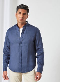 Buy Mandarin Collar Linen Shirt Navy in Saudi Arabia