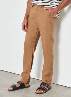 Buy Slim Fit Linen Pants Brown in UAE