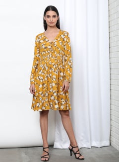 Buy V-Neck Printed Midi Dress Yellow Aop in UAE