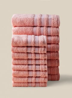 Buy 16 Piece Bathroom Towel Set - 500 GSM 100% Cotton Premium Quality - 8 Hand Towel - 8 Face Towel - Highly Absorbent - Fast Dry Coral/White in UAE