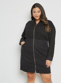 Buy Plus Size Zipper Denim Dress Black in Saudi Arabia