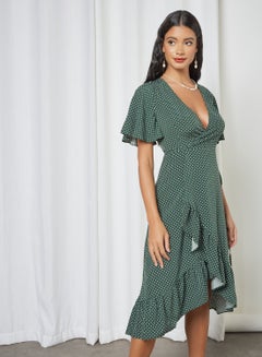 اشتري فستان متوسط الطول بتصميم ملفوف حول الخصر بطبعة منقّطة أخضر في مصر
