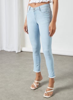 Buy Frayed Hem Slim Fit Jeans Light Blue in UAE