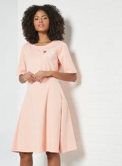 Buy Graphic Detail Round Neck Mini Dress Peach in Saudi Arabia