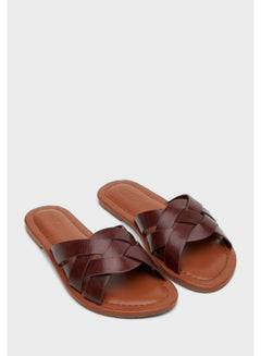 Buy Criss-Cross Wide Strap Flat Slide Brown in UAE