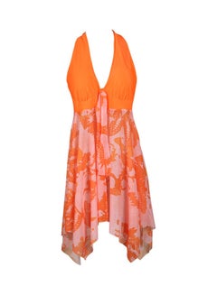 Buy 2-Piece Printed Backless Women Swimdress Tankini Set Orange in Saudi Arabia
