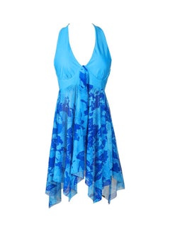 Buy 2-Piece Printed Backless Women Swimdress Tankini Set Blue in Saudi Arabia