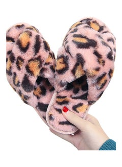 Buy Women Leopard Cross Band Soft Plush Fluffy Warm Bedroom Slippers Pink/Black/Brown in UAE