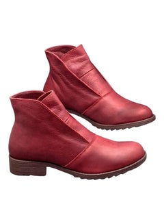 Buy Casual Autumn Winter Faux Leather Slip-On Ankle Boots Red in Saudi Arabia