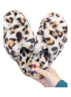 Buy Women Leopard Cross Band Soft Plush Fluffy Warm Bedroom Slippers White/Brown/Black in UAE