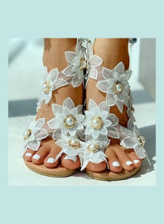 Buy Women Fashion Lace Flowers Faux Pearls Summer Clip Toe Flat Sandals White/Beige in UAE