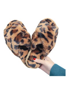 Buy Women Leopard Cross Band Soft Plush Fluffy Warm Bedroom Slippers Brown/Black in UAE