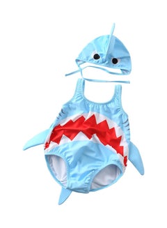 Buy Cartoon Shark Quick Dry Swimsuit with Cap Blue/Red in UAE