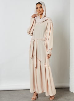 Buy Solid Long Sleeves Round Neck Modest Dress Beige in Saudi Arabia