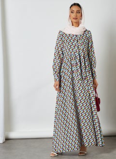 Buy Printed Long Sleeves Round Neck Modest Dress Multicolour in Saudi Arabia