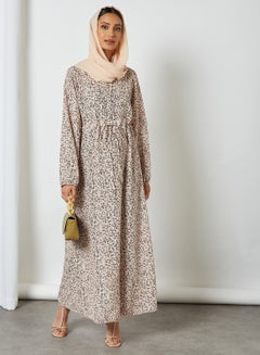 Buy Printed Long Sleeves Round Neck Modest Dress Beige in Saudi Arabia