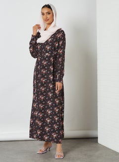 اشتري فستان بتصميم محتشم مزين بنقشة زهور وأكمام طويلة ورقبة مستديرة في السعودية