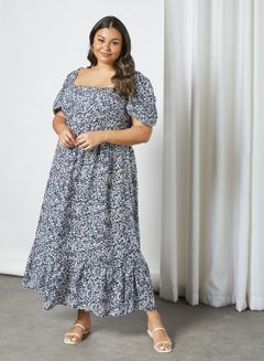 Buy Plus Size Floral Print Dress Blue/White in Saudi Arabia