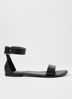 Buy Leather Ankle Strap Sandals Black in Saudi Arabia