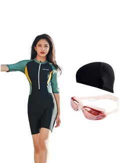 Buy 3-Piece Colour Blocked Short Sleeves Swimwear Set Green/Yellow/Black in Saudi Arabia
