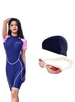 Buy 3-Piece Colour Blocked Short Sleeves Swimwear Set Blue/Pink in Saudi Arabia
