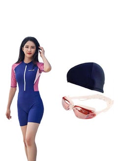 Buy 3-Piece Colour Blocked Short Sleeves Swimwear Set Blue/Pink in Saudi Arabia