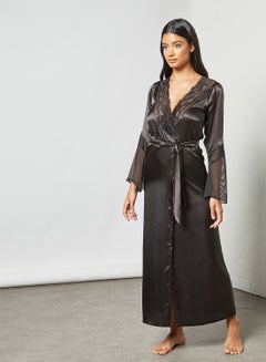 Buy Lace Trim Robe Black in Saudi Arabia