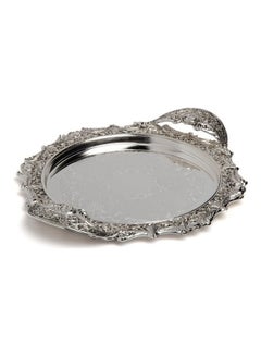 Buy Round Serving Tray With Handle Silver 35x35x5cm in Saudi Arabia