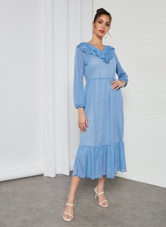 Buy Ruffle Overlay Midi Dress Blue in Saudi Arabia