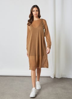 Buy Long Sleeve Sheer Dress Brown in UAE
