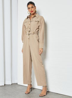 Buy Long Sleeve Utility Jumpsuit Beige in UAE