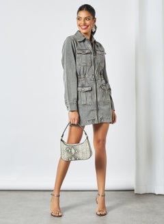 Buy Zip Up Denim Shirt Dress Grey in Saudi Arabia