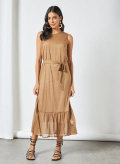 Buy Tie Waist Ruffle Hem Dress Brown in Saudi Arabia