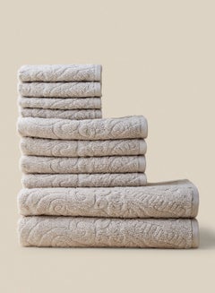 اشتري 10-Piece Towel Set, 100% Cotton, Super soft, Absorbent, Elegant Design, 2 Bath + 4 Hand + 4 Face, 500 GSM بيج في الامارات