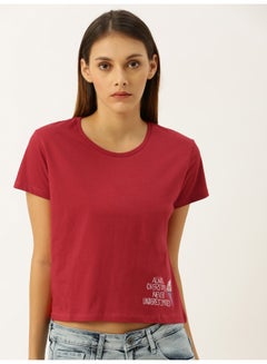 Buy Solid Round Neck T-Shirt With Placement Printed Detail Deep Red in UAE