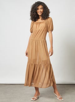 Buy Puff Sleeve Tiered Dress Brown in UAE