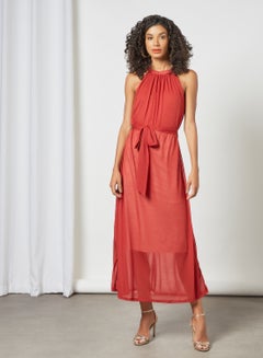 Buy Halter Neck Belted Dress Brick Red in Saudi Arabia