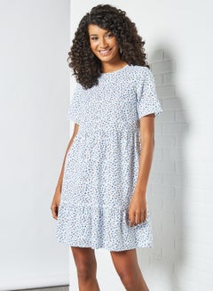 Buy Printed Short Sleeve Dress Blue in UAE