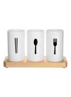Buy 4-Piece Flatware Caddy With Cleaning Brush White/Beige/Black 23.5x8.5x13cm in UAE