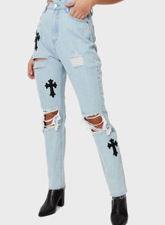 Buy Cross Patched High-Rise Jeans Blue in Saudi Arabia