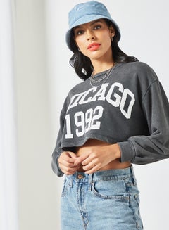 Buy Slogan Crop Sweatshirt Dark Grey in UAE