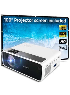 اشتري Mini LED Projector 4K 1500 Lumens Airplay / Miracast With 100 Inch Projector Screen PROJ-WO-17-W_SCR-03 White في مصر