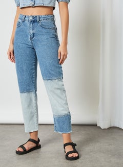 Buy High Waist Cut and Sew Straight Jeans Blue in Saudi Arabia