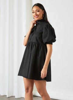 Buy High Neck Puff Sleeve Dress Black in Saudi Arabia