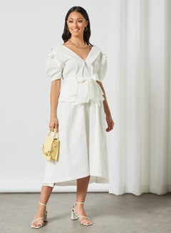 Buy Tie Waist Poplin Midi Dress White in UAE