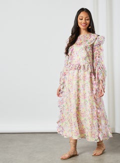 Buy Floral Print Ruffle Detail Dress Multicolour in UAE