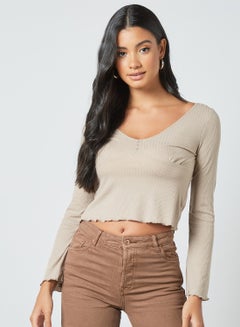 Buy V-Neck Crop Top Taupe in Saudi Arabia